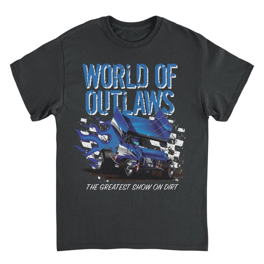 World of Outlaws Blue Fire Mens T Shirt Black Officially Licensed