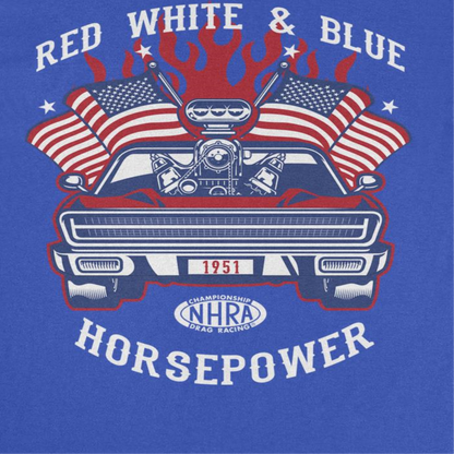 NHRA Red White and Blue Horsepower Mens T Shirt Royal Blue Officially Licensed