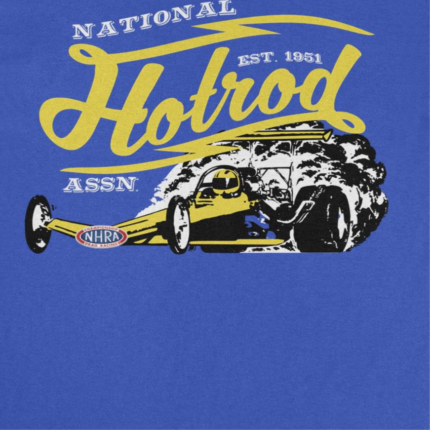 NHRA National Hot Rod Yellow Car Mens T Shirt Royal Blue Officially Licensed