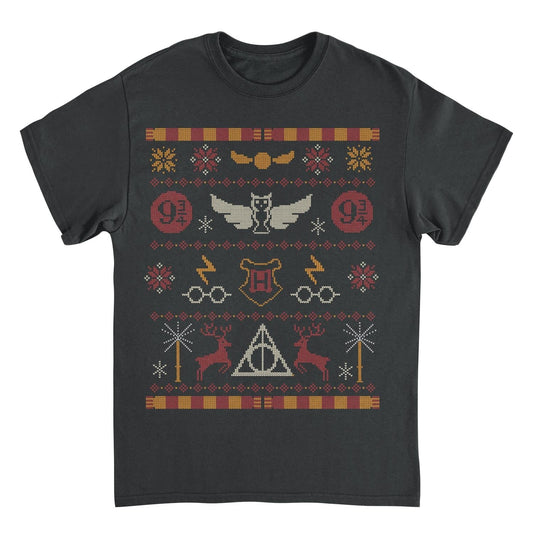 Harry Potter Hogwarts Christmas Pattern Mens T Shirt Black Officially Licensed