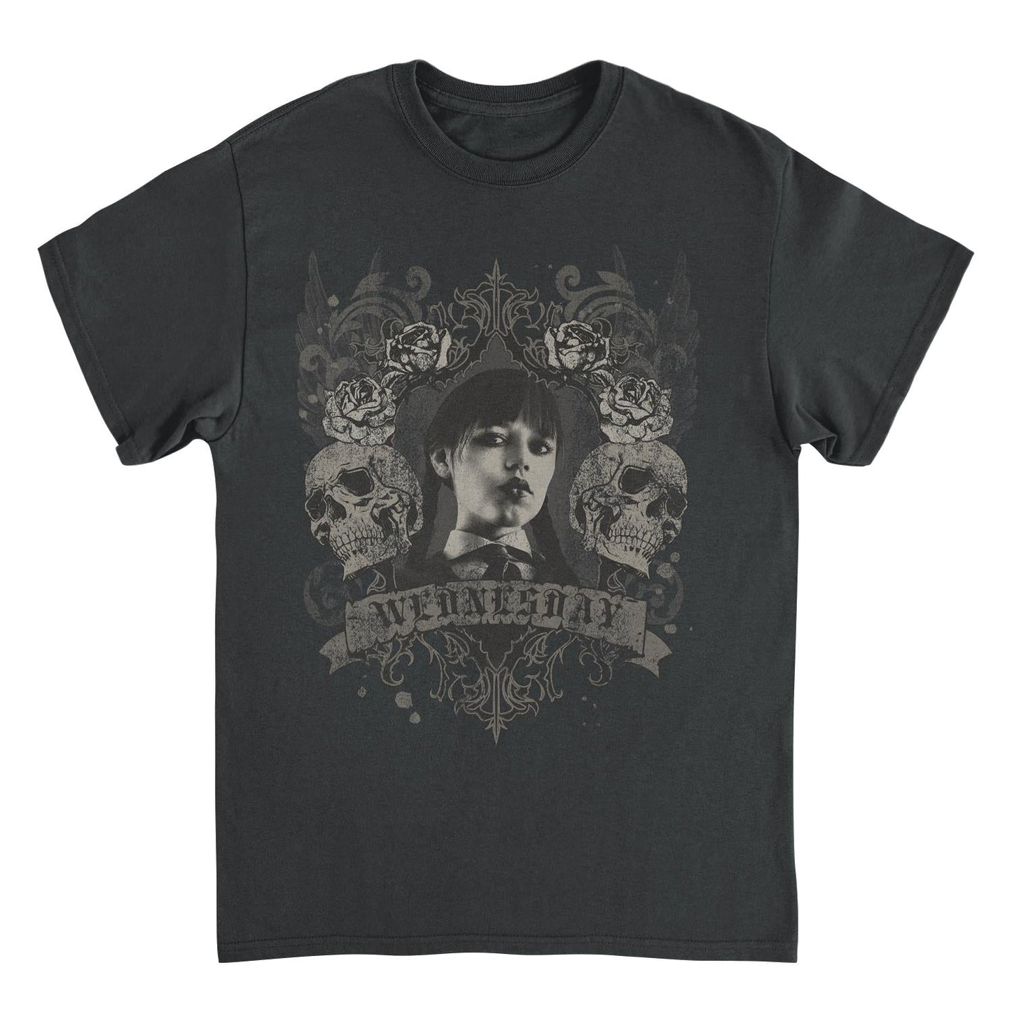 Wednesday Banner Skulls T Shirt Black Officially Licensed