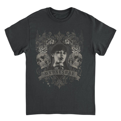 Wednesday Banner Skulls T Shirt Black Officially Licensed