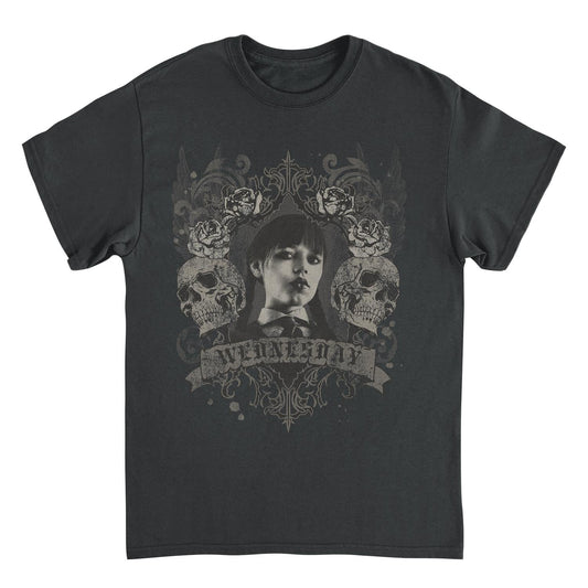 Wednesday Banner Skulls T Shirt Black Officially Licensed