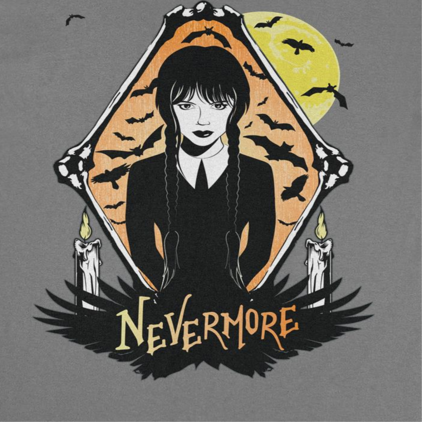 Wednesday Nevermore Bats T Shirt Charcoal Officially Licensed