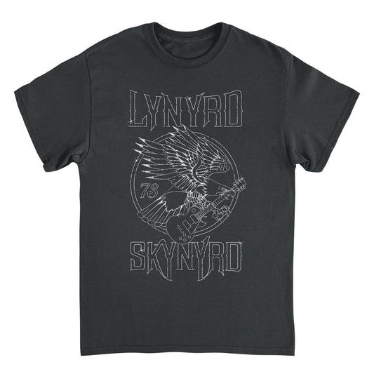 Lynyrd Skynyrd Outlined Eagle Guitar White T Shirt Black Officially Licensed