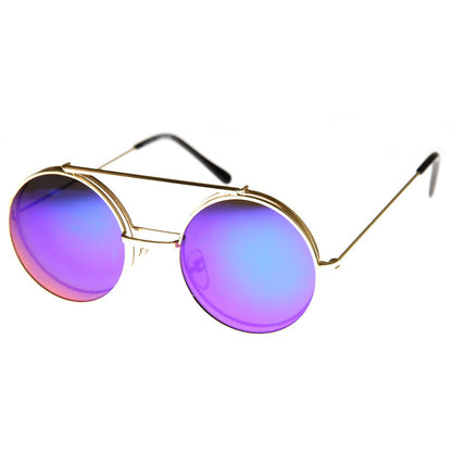Retro Round Steampunk Mirrored Lens Flip Up Sunglasses 8966