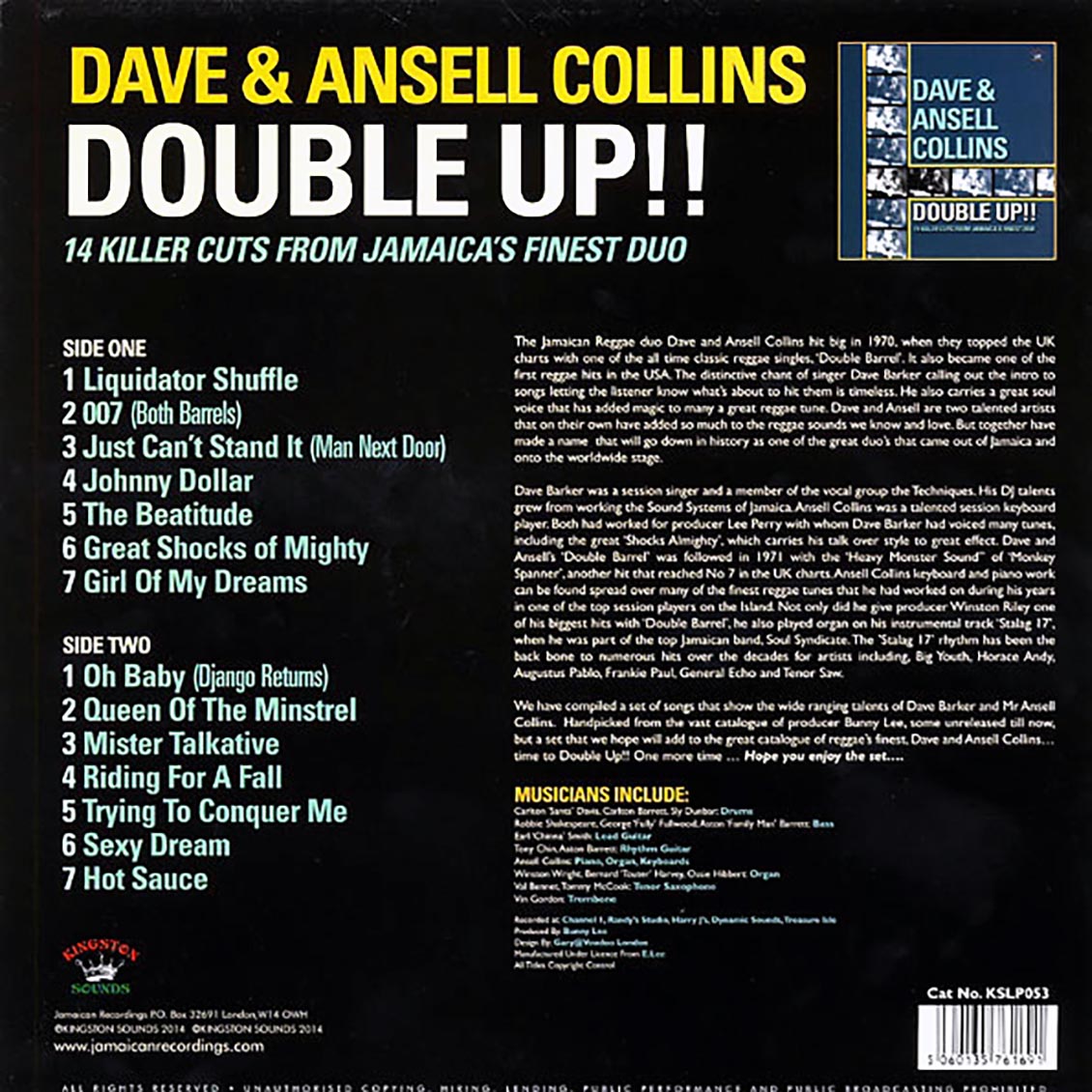 Dave & Ansel Collins - Double Up!! 18 Killer Cuts From Jamaica's Finest Duo (180g) Vinyl Record