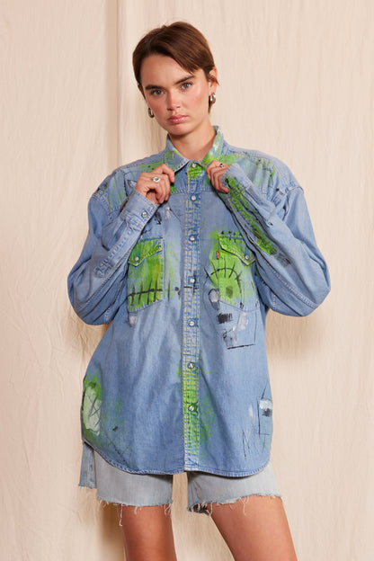 Artisan Hand-Painted Urban Graffiti Denim Shirt