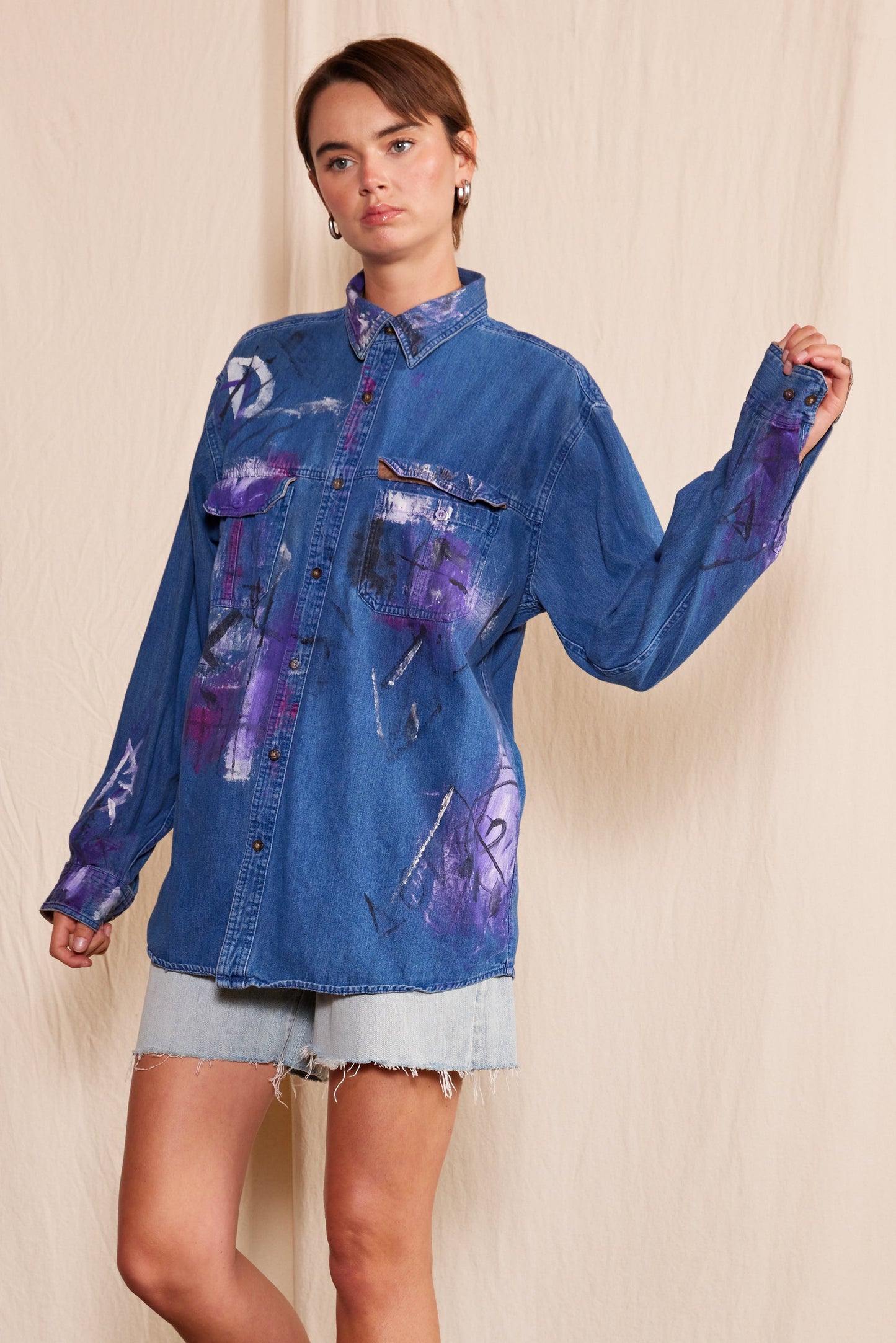 Artisan Hand-Painted Midnight Muse Denim Shirt