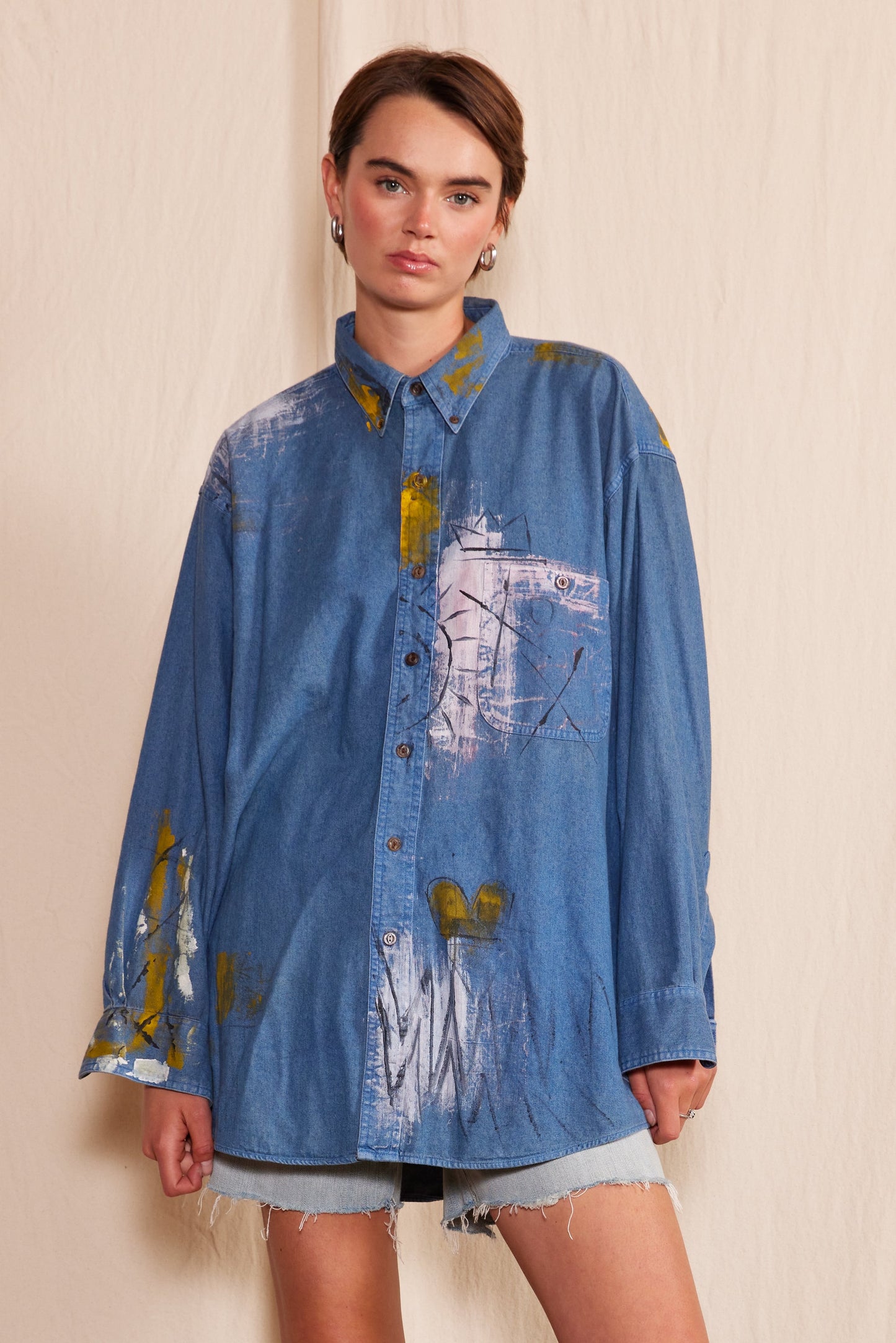 Artisan Hand-Painted Golden Sun Denim Shirt