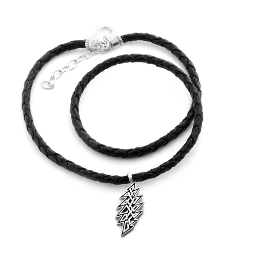 13-Point Lightning Bolt Celtic Knot Sterling Silver Charm Woven Leather Necklace