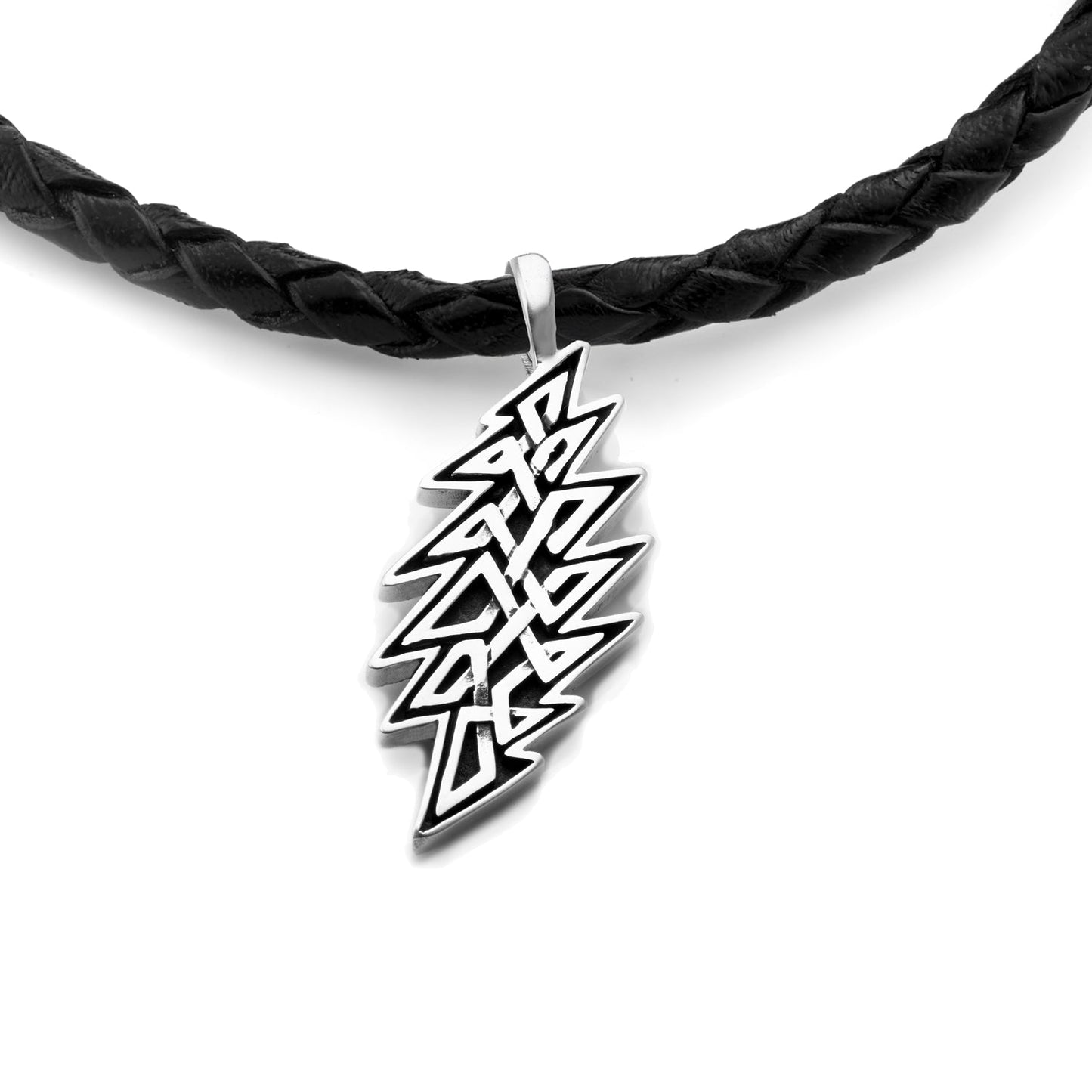 13-Point Lightning Bolt Celtic Knot Sterling Silver Charm Woven Leather Necklace