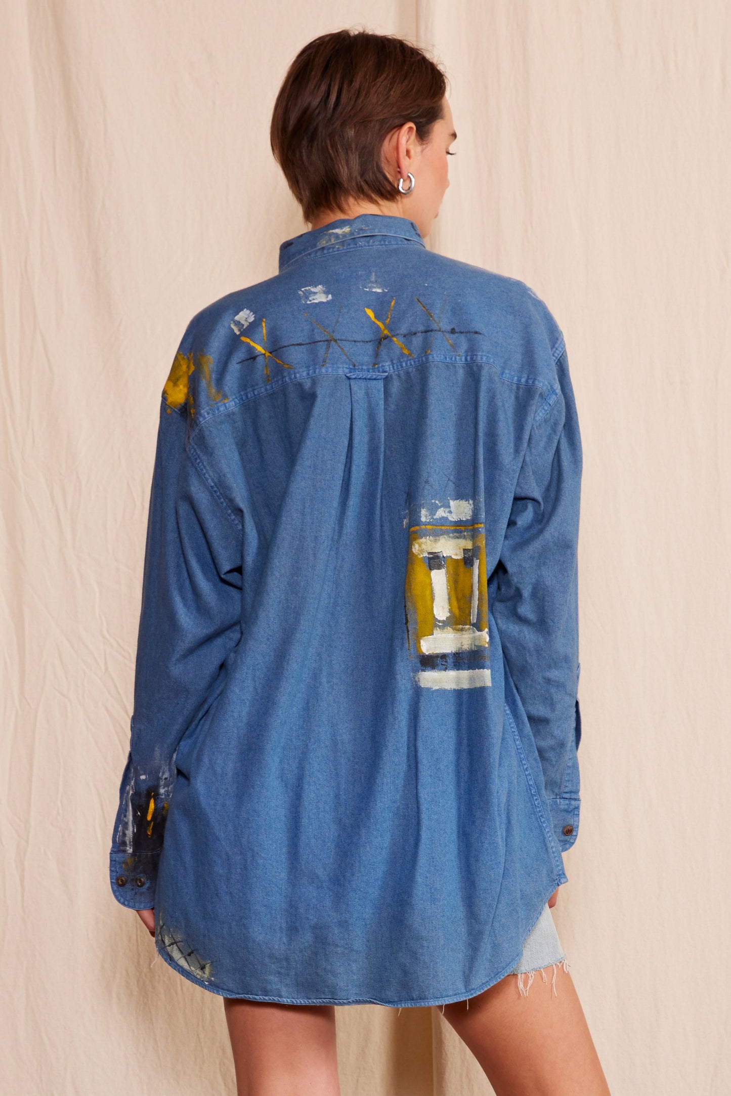 Artisan Hand-Painted Golden Sun Denim Shirt