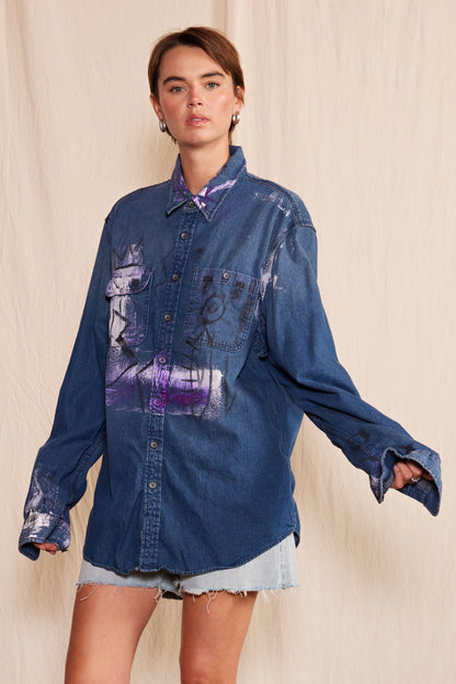 Artisan Hand-Painted Royal Graffiti Denim Shirt