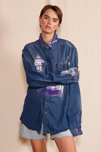 Artisan Hand-Painted Royal Graffiti Denim Shirt