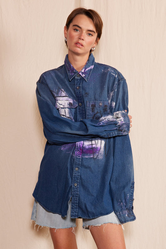 Artisan Hand-Painted Royal Graffiti Denim Shirt