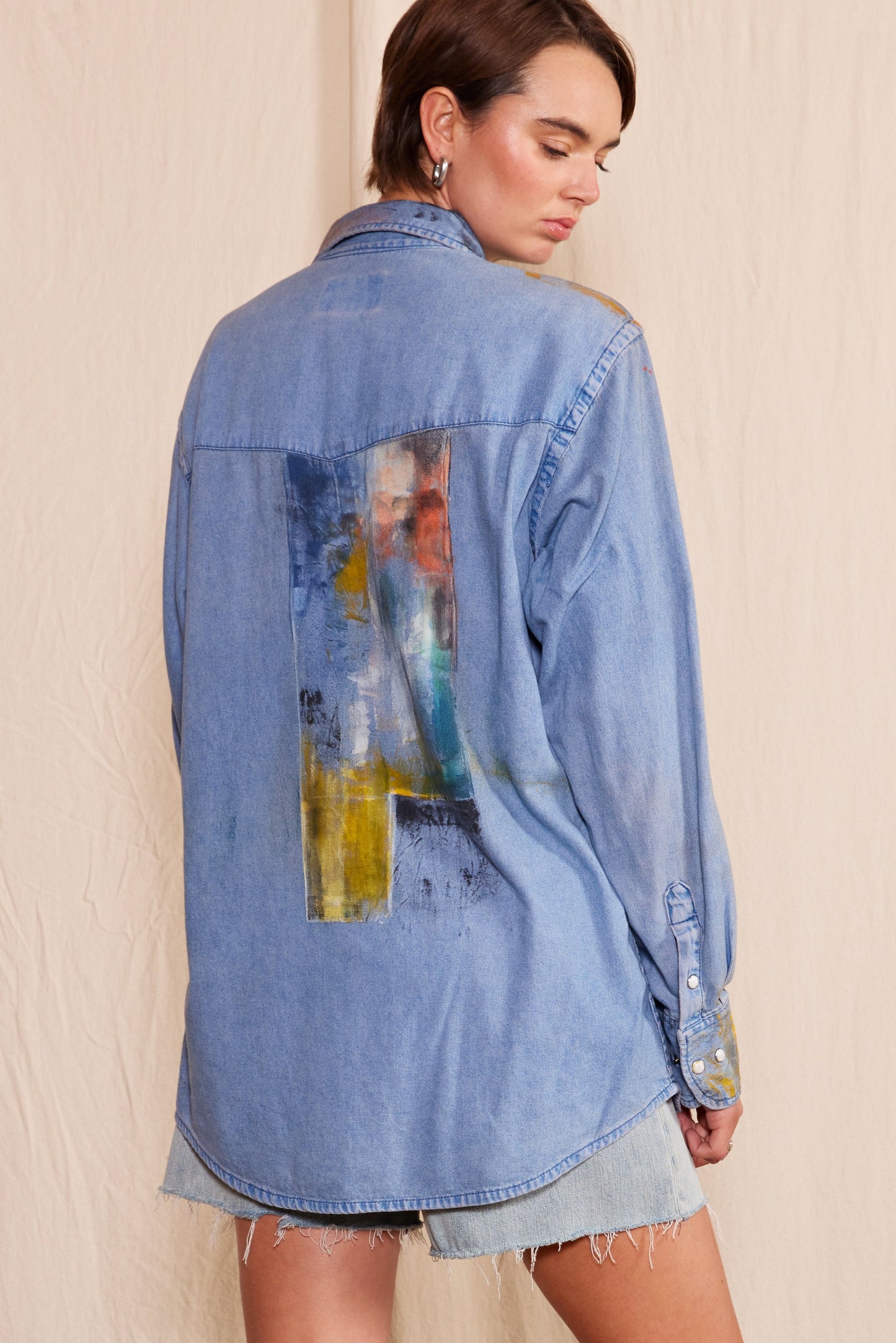 Artisan Hand-Painted Autumn Aurora Denim Shirt