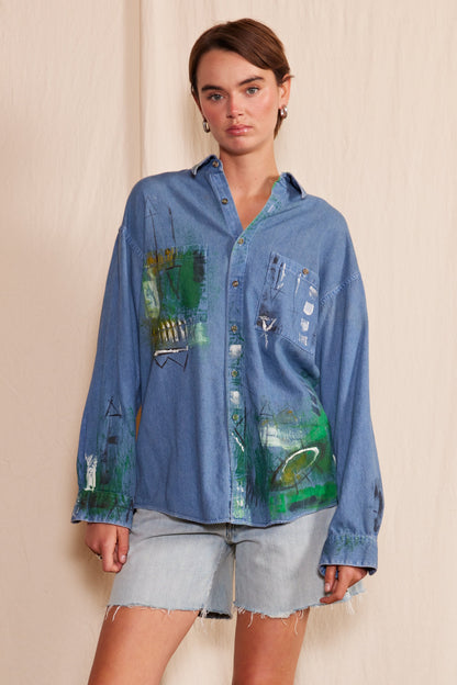 Artisan Hand-Painted Emerald Echo Denim Shirt