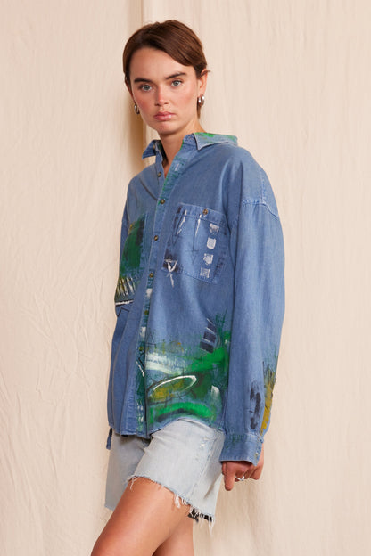 Artisan Hand-Painted Emerald Echo Denim Shirt