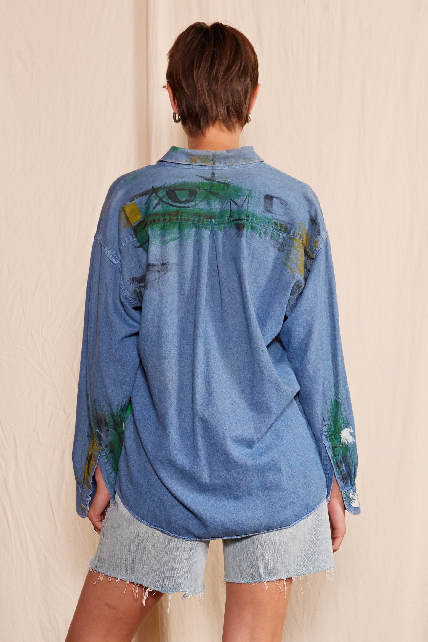 Artisan Hand-Painted Emerald Echo Denim Shirt