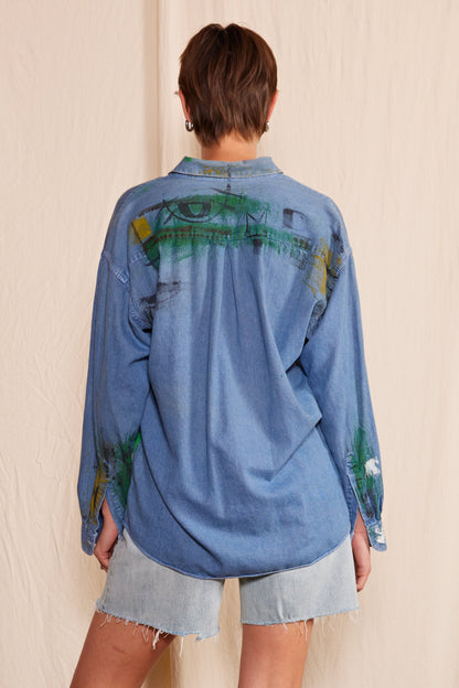 Artisan Hand-Painted Emerald Echo Denim Shirt