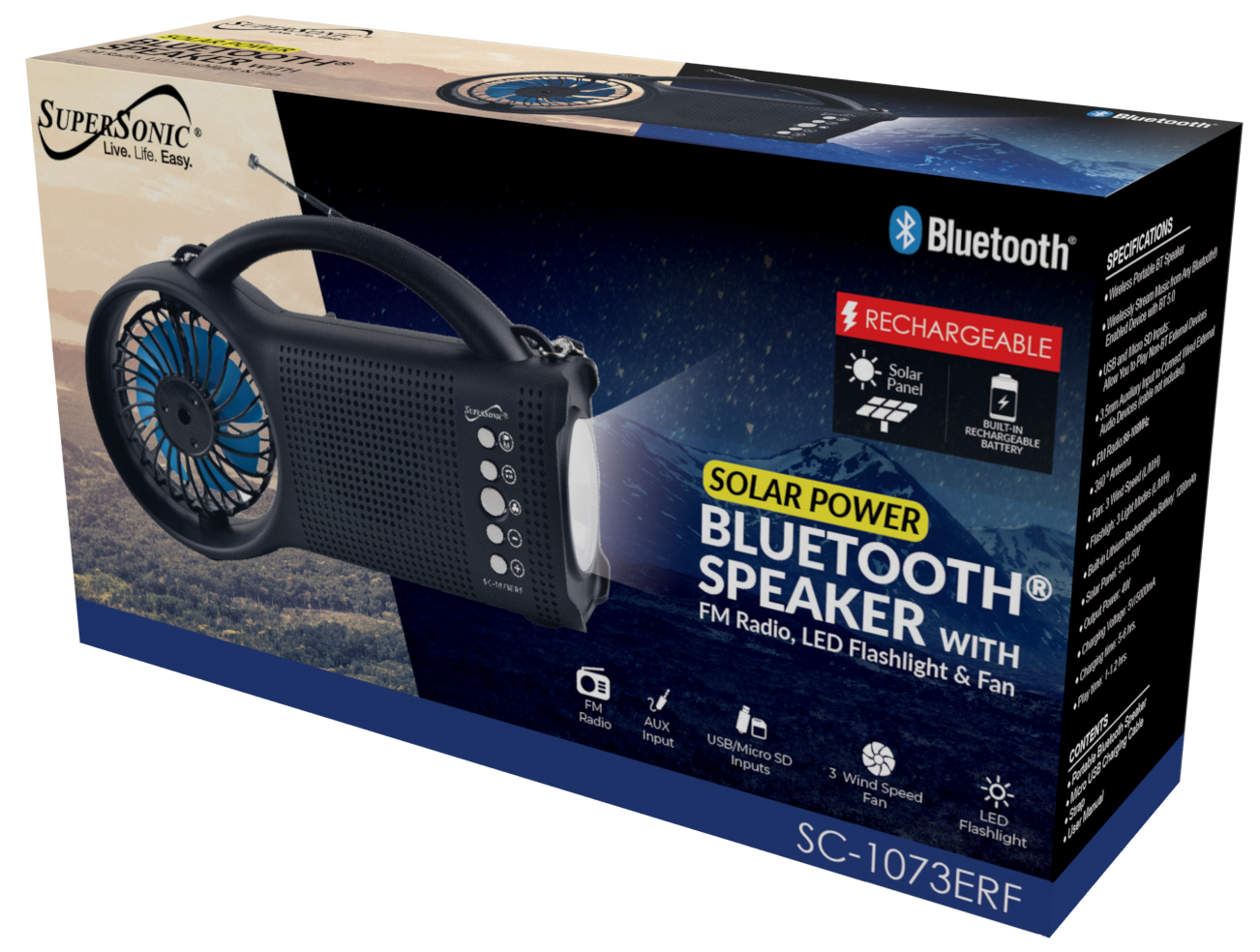 Supersonic Solar Power Bluetooth Speaker with FM Radio, LED Torch Light & Fan (SC-1073ERF)