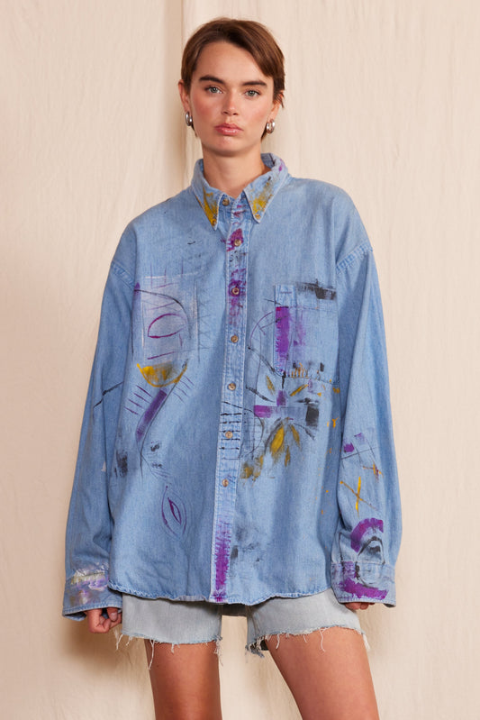 Artisan Hand-Painted Abstract Brushstroke Denim Shirt