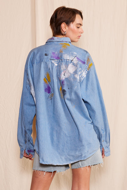 Artisan Hand-Painted Abstract Brushstroke Denim Shirt