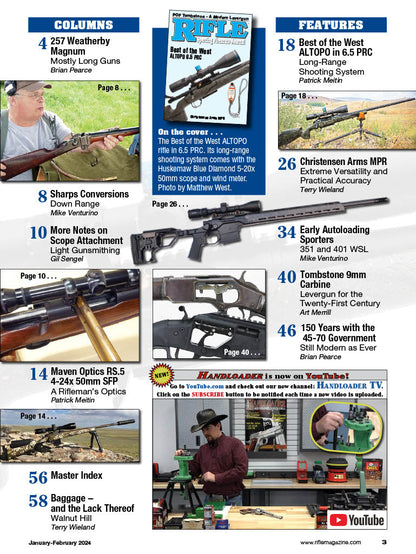 Rifle January 2024 - The Sporting Firearms Journal: Best Of West Altopo 6.5 PRC, Long Guns, Sharps Conversions, Notes On Scope Attachment, Christensen Arms MPR, POF Tombstone & Modern Levergun!