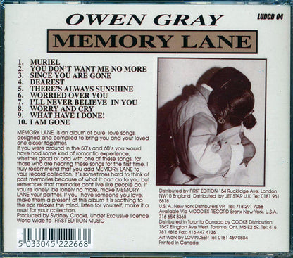 Owen Gray Memory Lane Volume 1 Music CD