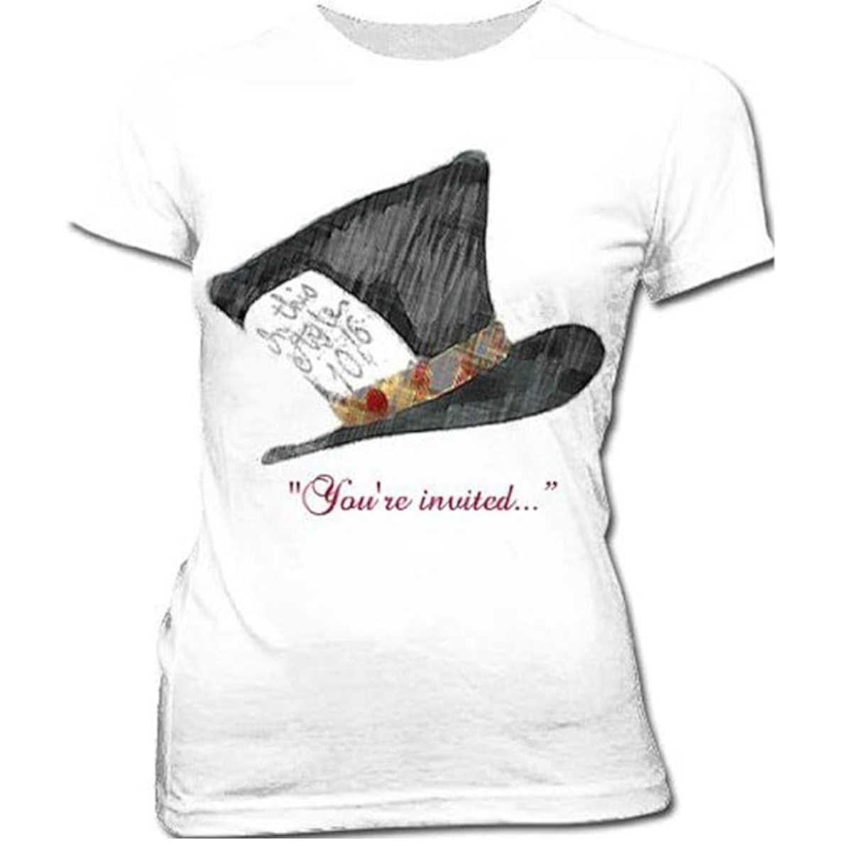 Alice in Wonderland Mad Hatter Hat You're Invited Juniors White T Shirt Tee