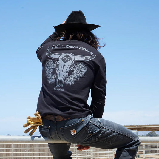 Yellowstone Bull Skull Mens Long Sleeve Shirt Black