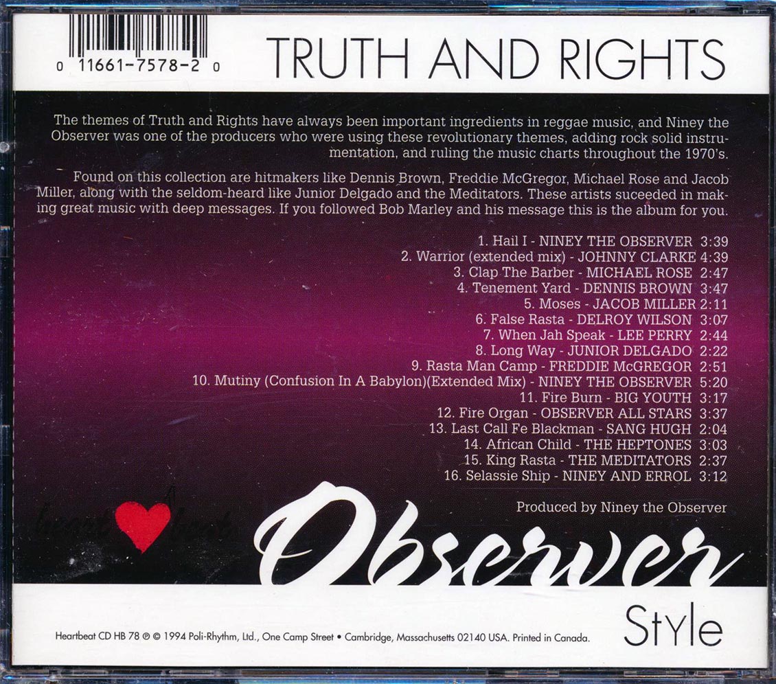 Jacob Miller, Lee Perry, Johnny Clarke, The Meditations, Etc. - Truth & Rights Observer Style (marked/ltd stock) Music CD