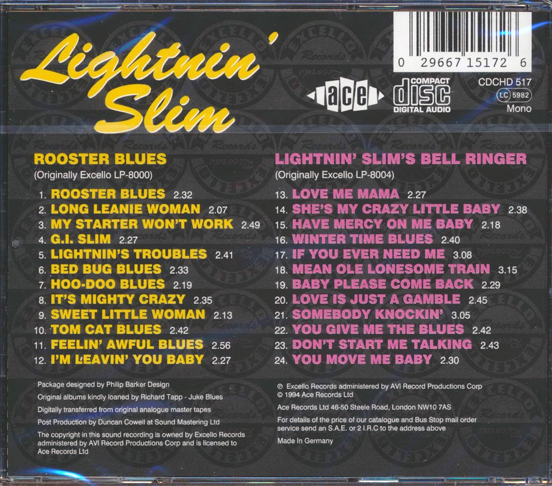 Lightnin' Slim - Rooster Blues + Lightnin Slim's Bell Ringer (24 tracks) Music CD