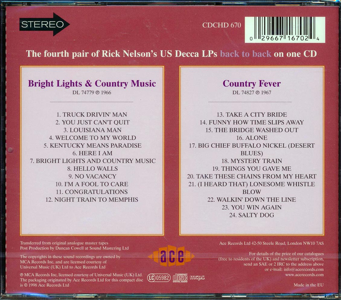 Rick Nelson - Bright Lights + Country Fever (24 tracks) Music CD