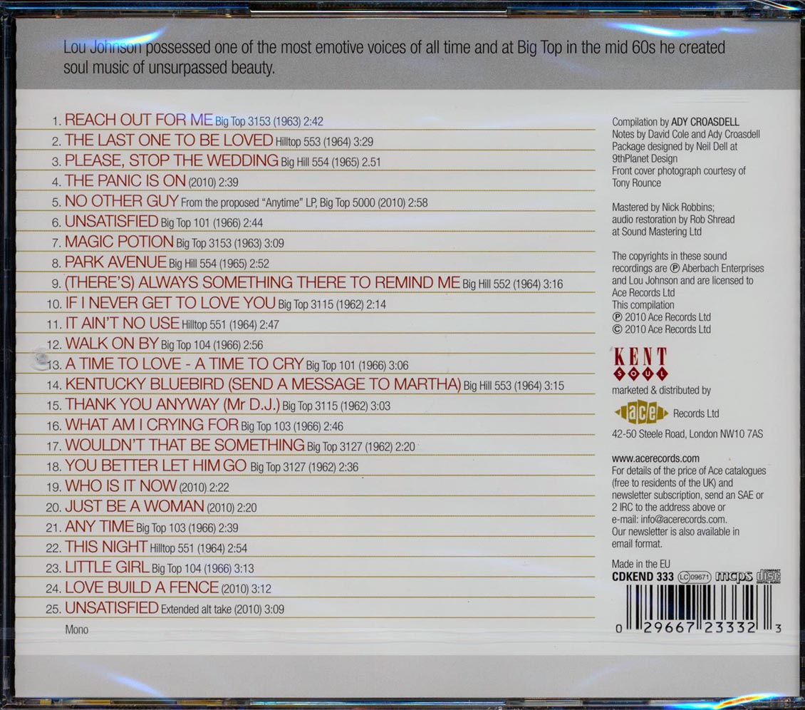 Lou Johnson - Incomparable Soul Vocalist (25 tracks) Music CD
