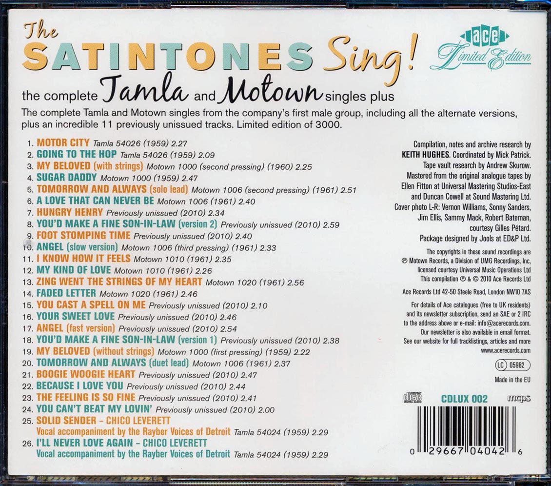 The Satintones - The Satintones Sing: The Complete Tamla And Motown Singles Plus (26 tracks) Music CD