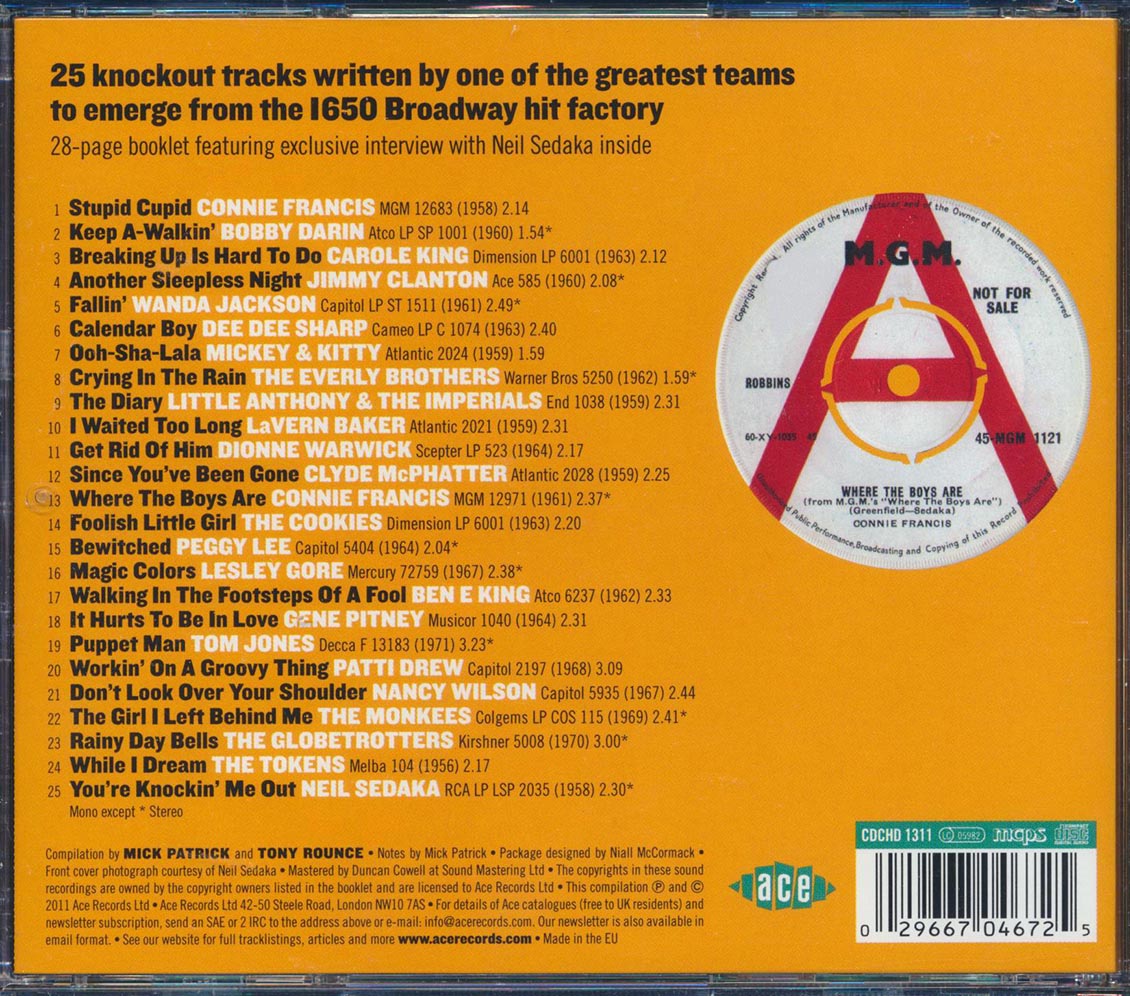 Various - Where The Boys Are: The Songs Of Neil Sedaka And Howard Greenfield (25 tracks) Music CD