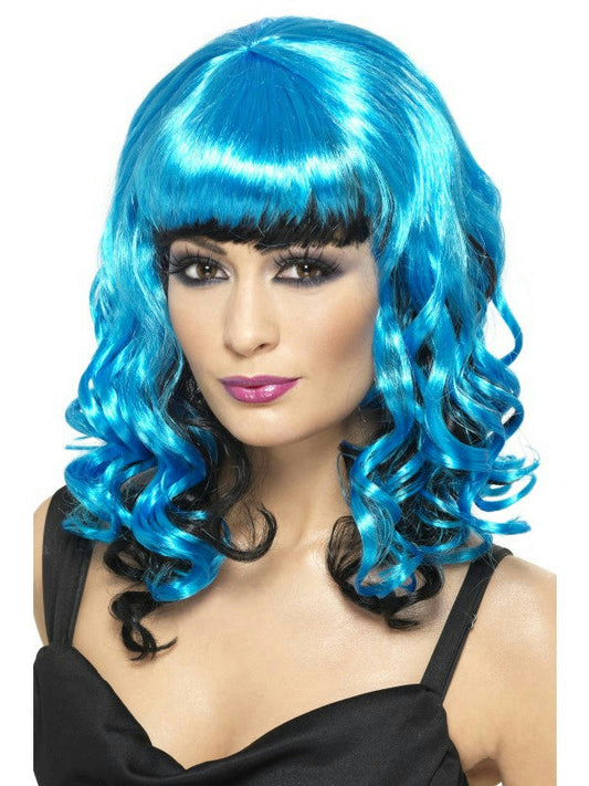 Women's Blue and Black Tainted Garden Stricken Angel Shoulder Length Curly Wig