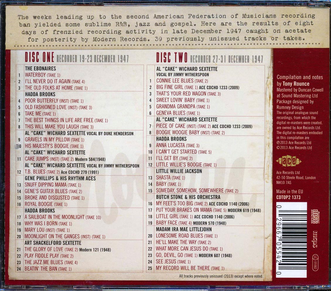 Various - Beating The Petrillo Ban: The Late December 1947 Modern Sessions (49 tracks) (2xCD) Music CD