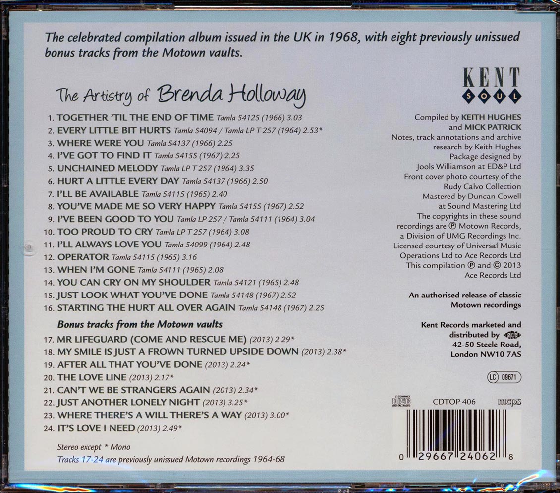 Brenda Holloway - The Artistry Of Brenda Holloway, With Bonus Tracks From The Motown Vaults (24 tracks) Music CD