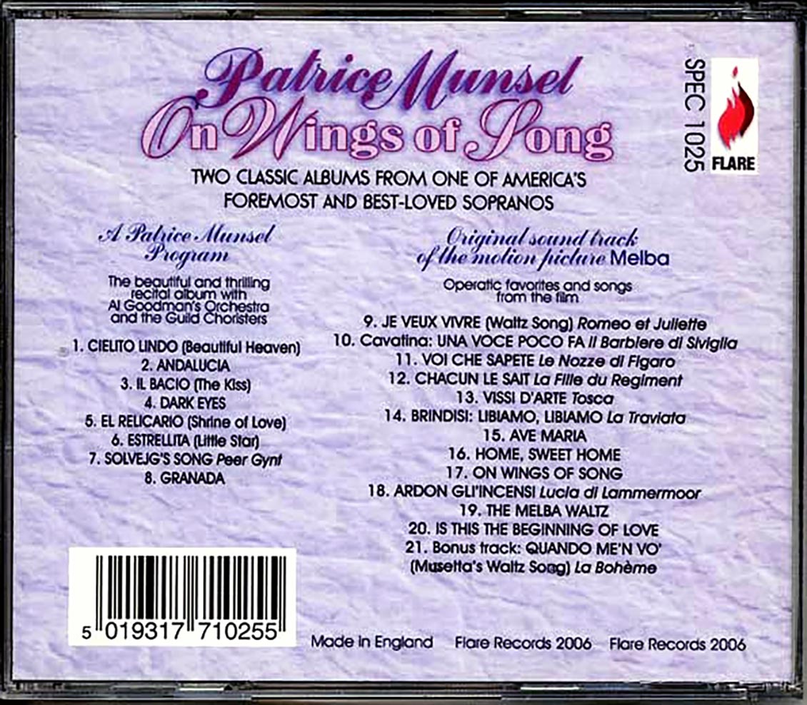 Patrice Munsel - On Wings Of Song: A Patrice Munsel Program + Melba (Original Soundtrack Recording) (2 albums on 1 CD) (21 tracks) (incl. 8-page booklet) Music CD
