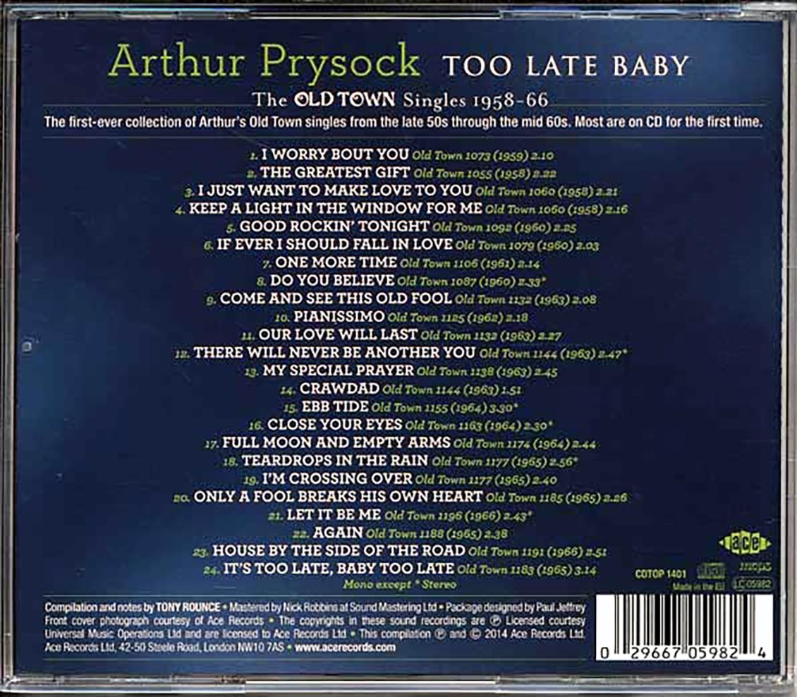 Arthur Prysock - Too Late Baby: The Old Town Singles 1958-66 (24 tracks) Music CD