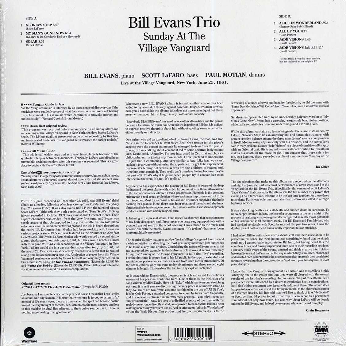 Bill Evans Trio - Sunday At The Village Vanguard (ltd. ed.) (180g) (remastered) Vinyl Record