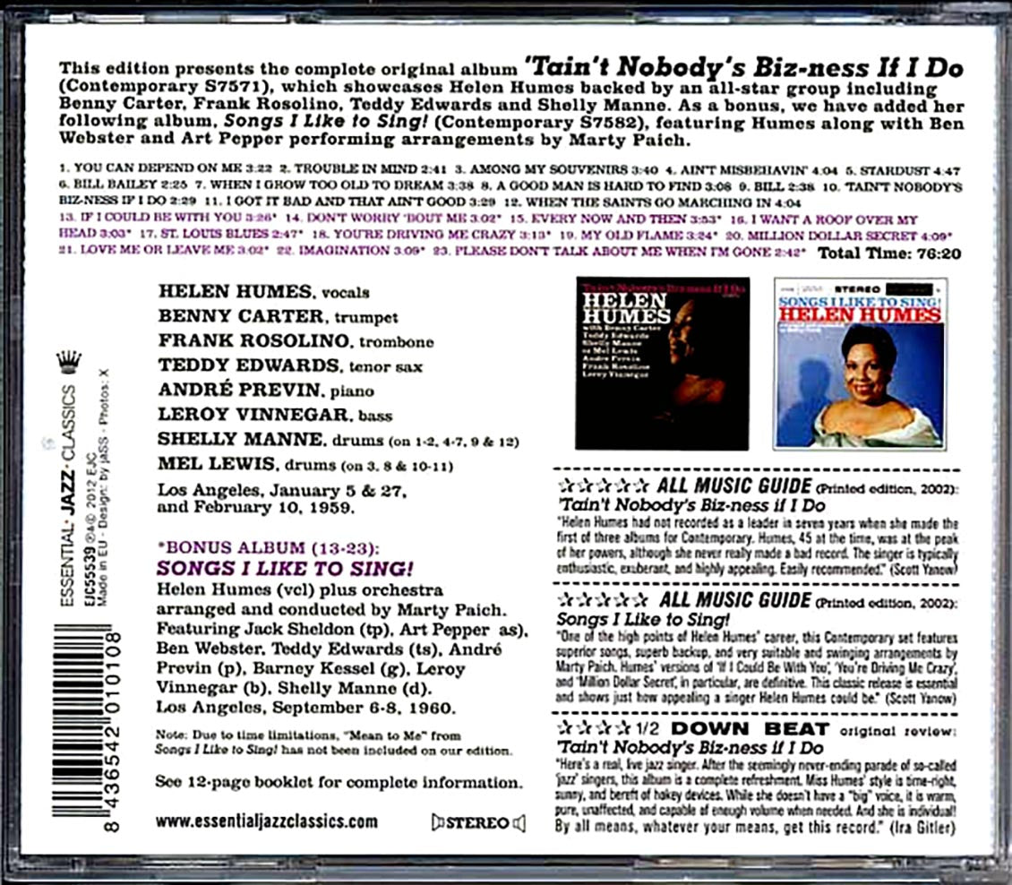 Helen Humes - Tain't Nobody's Biz-ness If Do + Songs I Like To Sing! Music CD