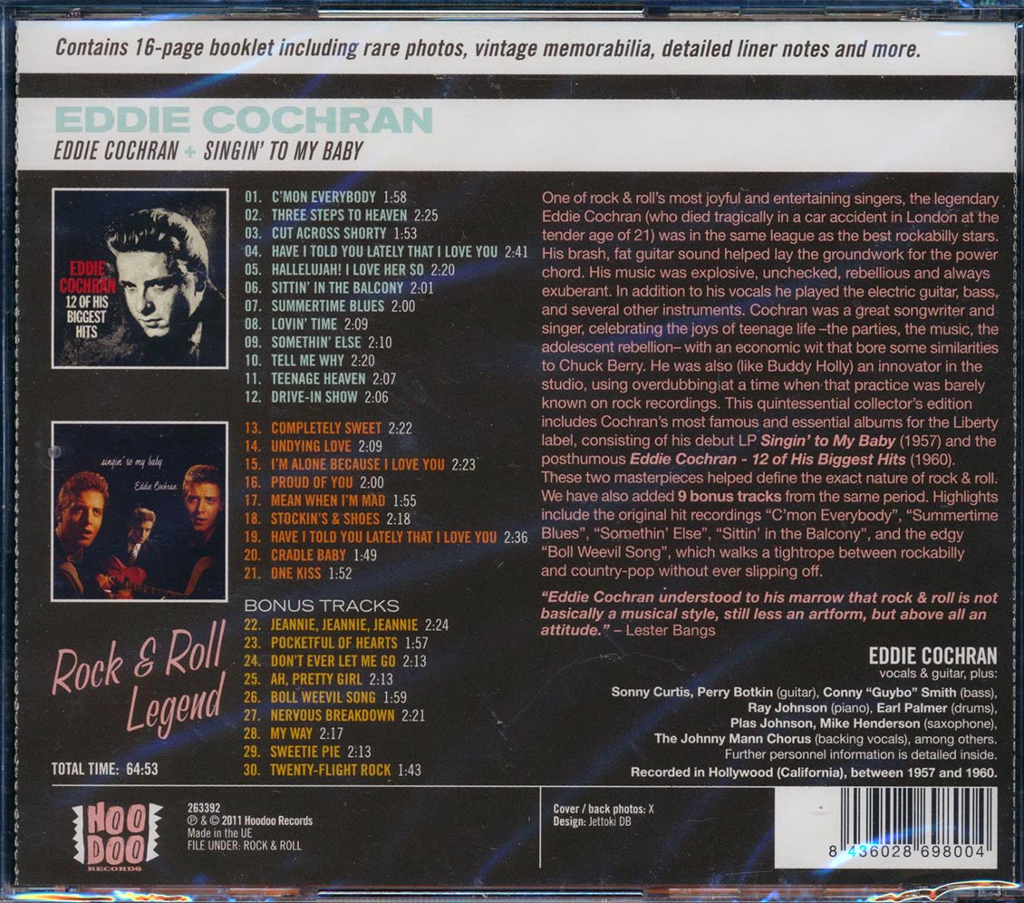 Eddie Cochran - Eddie Cochran + Singin' To My Baby Music CD