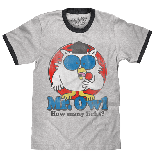 Mr. Owl How Many Licks? Ringer Mens T Shirt Officially Licensed Gray and Black