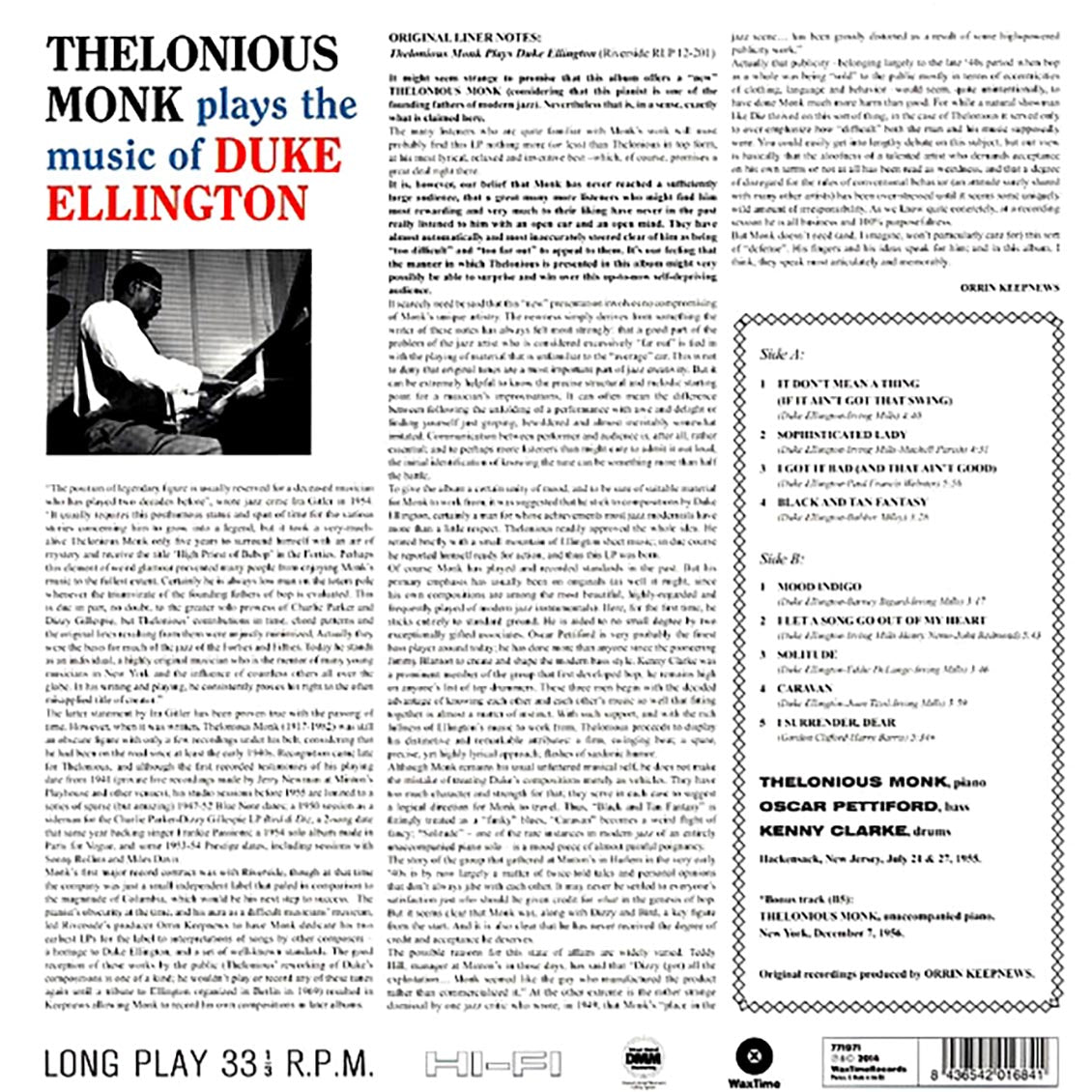 Thelonious Monk - Plays The Music Of Duke Ellington (+bonus track) (ltd. ed.) (180g) Vinyl Record