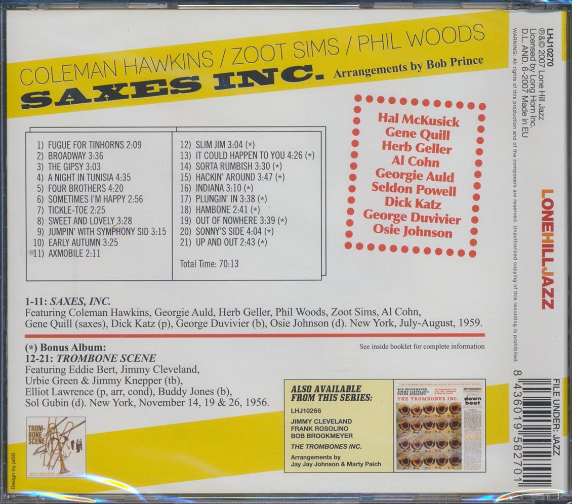 Coleman Hawkins, Zoot Sims, Phil Woods - Saxes Inc. Music CD