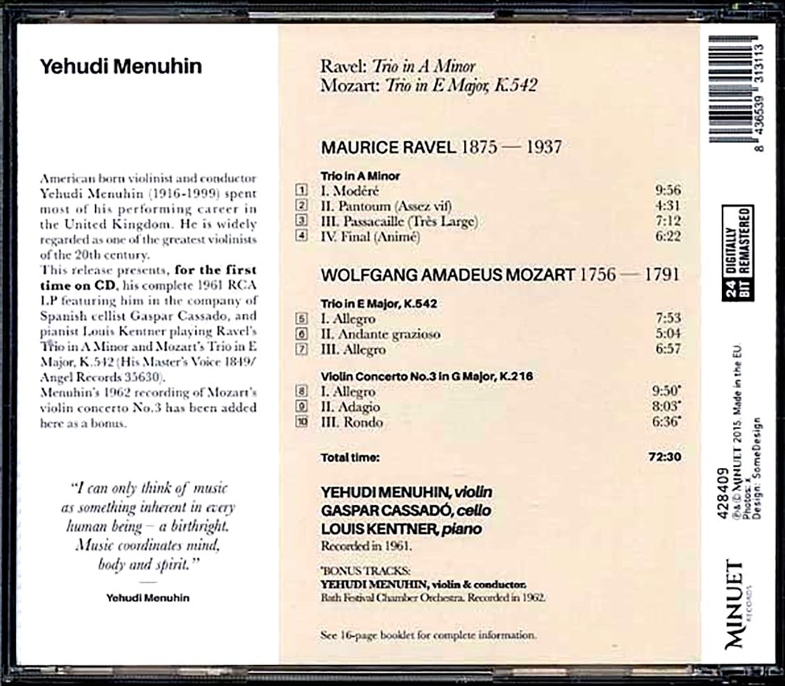 Yehudi Menuhin - Trio In A Minor + Trio In E Major, K. 542 (ltd. ed.) (incl. large booklet) (remastered) Music CD